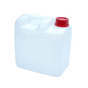 White 10-liter jerrycan, HDPE, tamper-evident cap, UN-certified, stackable, for chemicals, food-grade liquids, supplied by Eloquent Print and Packaging.