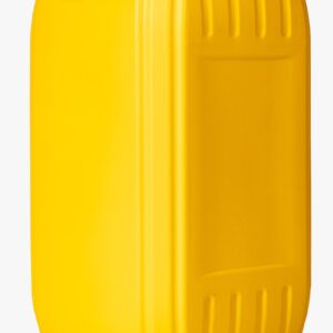 Yellow 25-liter gallon, HDPE, tamper-evident cap, UN-certified, stackable, for chemicals, food-grade liquids, supplied by Eloquent Print and Packaging.
