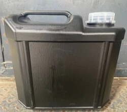 Sturdy 12 Liter Black Keg With White Lid, leak-proof and durable, ideal for liquids or chemicals, by Eloquent Print and Packaging.