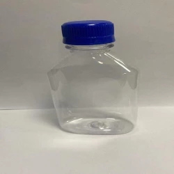 Transparent Square Plastic Bottle with secure screw cap, durable and reusable, ideal for storing liquids and oils, by Eloquent Print and Packaging.