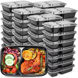 Black Rectangular Shape 2 Compartment Takeaway With Lid from Eloquent Prints and Packaging, ideal for portioned meals, delivery, catering, and convenient meal prep.