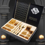 24pcs gold cutlery tableware gift box set, perfect for elegant dining, weddings, housewarming gifts, and luxury table settings.