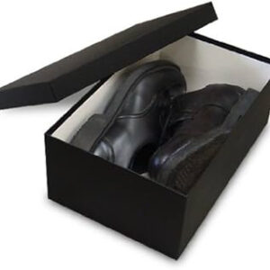 Black shoe box for footwear storage and retail packaging, made from durable eco-friendly cardboard with premium black finish.