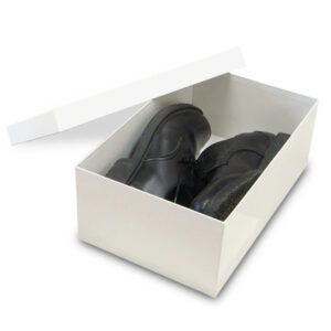 White shoe box for footwear storage and retail packaging, made from durable eco-friendly cardboard for protection and clean presentation.