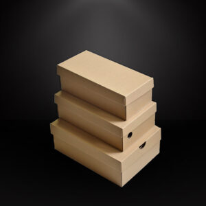 Brown carton shoe box for footwear storage and retail packaging, made from durable recyclable cardboard with natural kraft finish.