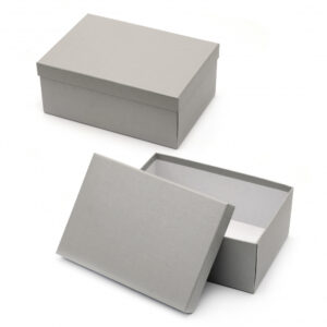 Silver shoe box for footwear storage and retail packaging, featuring durable eco-friendly cardboard with premium metallic silver finish.