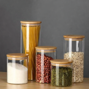 5 Pieces Glass Storage Jar With Bamboo Lid for kitchen and pantry storage in Lagos Nigeria.