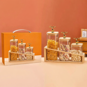 3in1 Borosilicate Glass Storage Jar Set With Wooden Stand and Bamboo Lids for kitchen storage