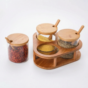 3pcs Spice Storage Jar With Bamboo Rack for organized kitchen spice storage.