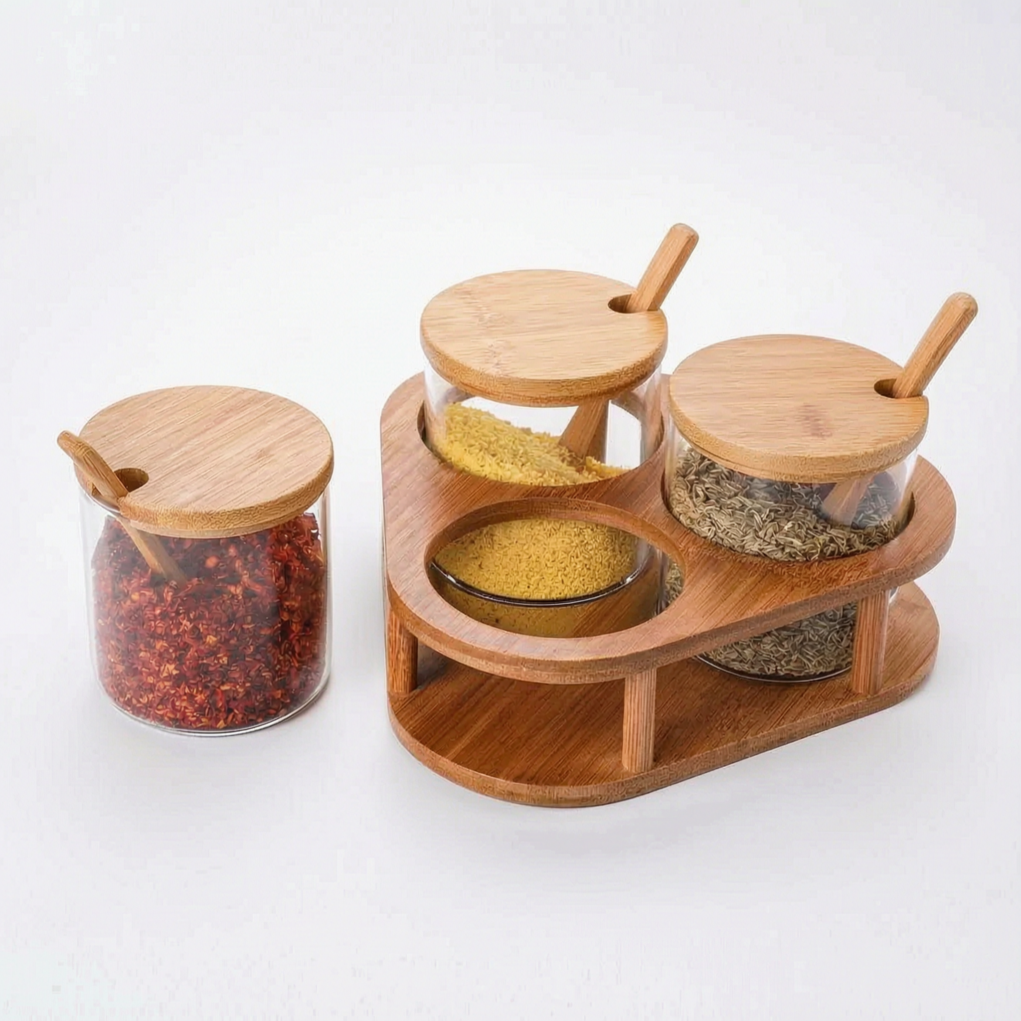 3pcs Spice Storage Jar With Bamboo Rack for organized kitchen spice storage.