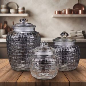 3 Piece Glass Jar Set With Lids – airtight glass food storage canisters for kitchen and pantry organization.