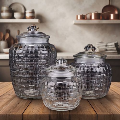 3 Piece Glass Jar Set With Lids – airtight glass food storage canisters for kitchen and pantry organization.
