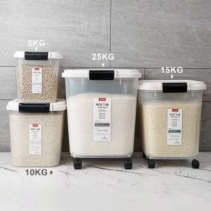 Rice Storage Container With Wheels for convenient kitchen organisation and bulk rice storage, supplied by Eloquent Prints and Packaging in Lagos, Nigeria.