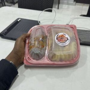 1000ml 2 Divider Takeaway Plastic Pack With Cover for food packaging supplied by Eloquent Prints and Packaging in Lagos, Nigeria.